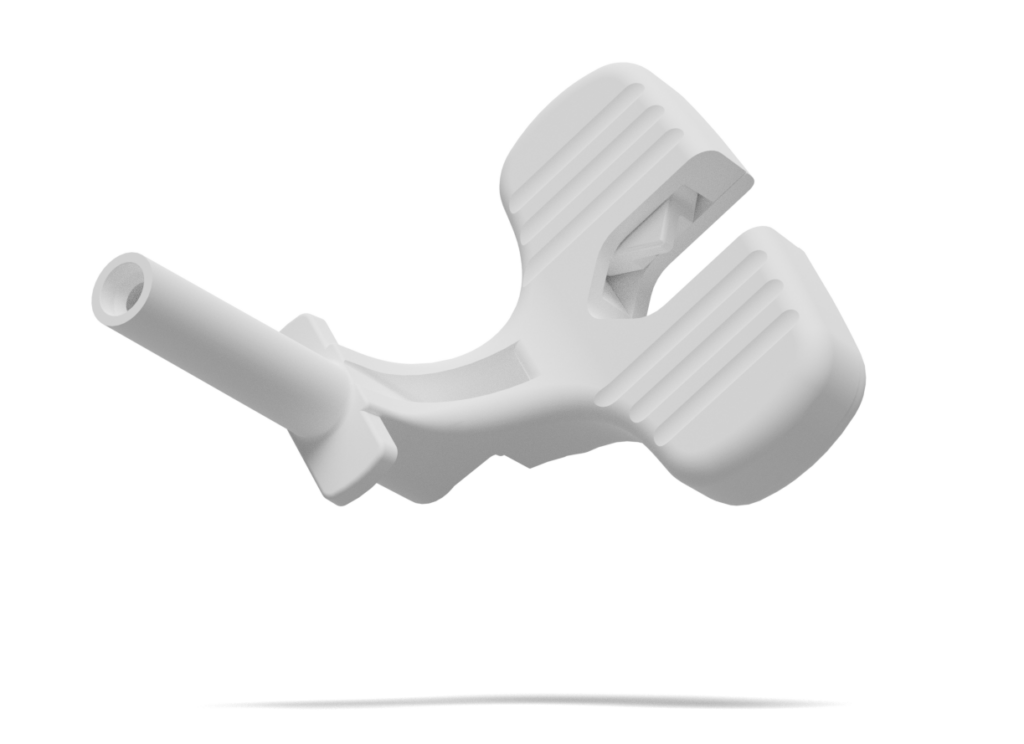 A white plastic handle on a black background.